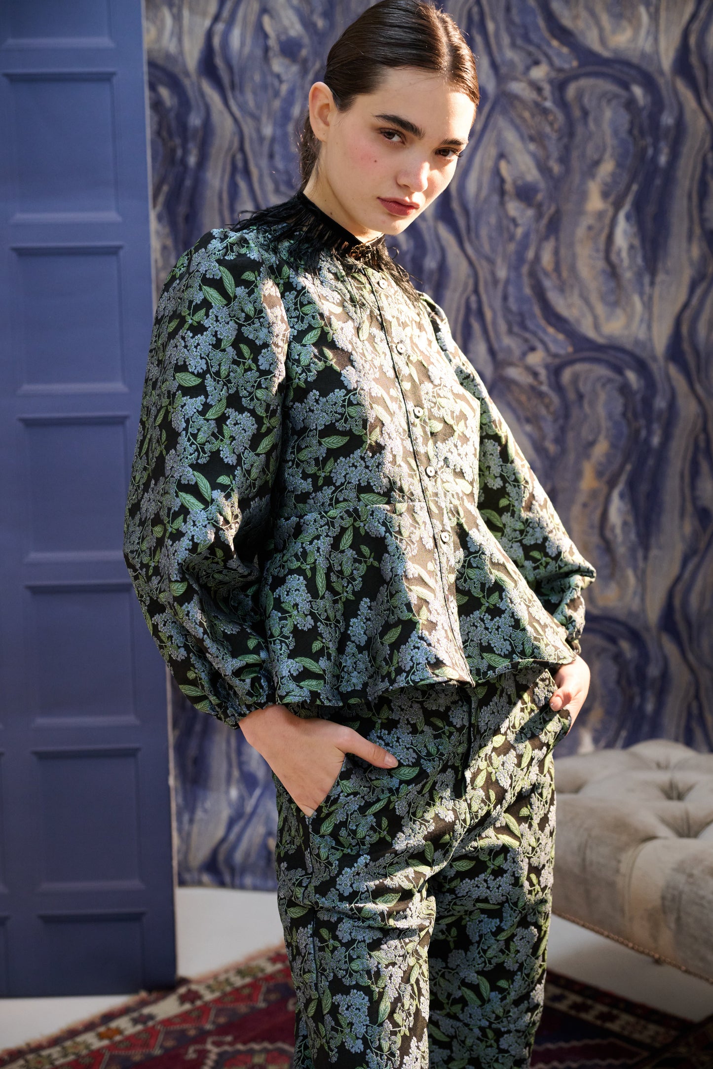 Clementine Blossom Jacquard Peplum Blouse - Black