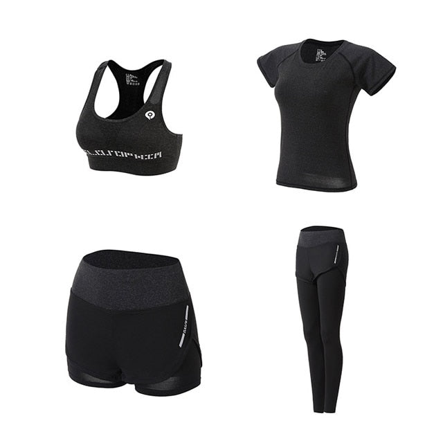 Women Yoga Sport Suit quick Dry Bra Set 5 Piece Female Short-sleeved shorts long pants Outdoor Sportswear Fitness suit