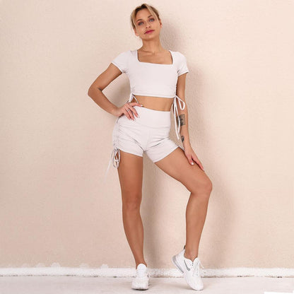 Women Solid Color Short-Sleeved Shorts Sports Set Running Fitness Yoga Suit