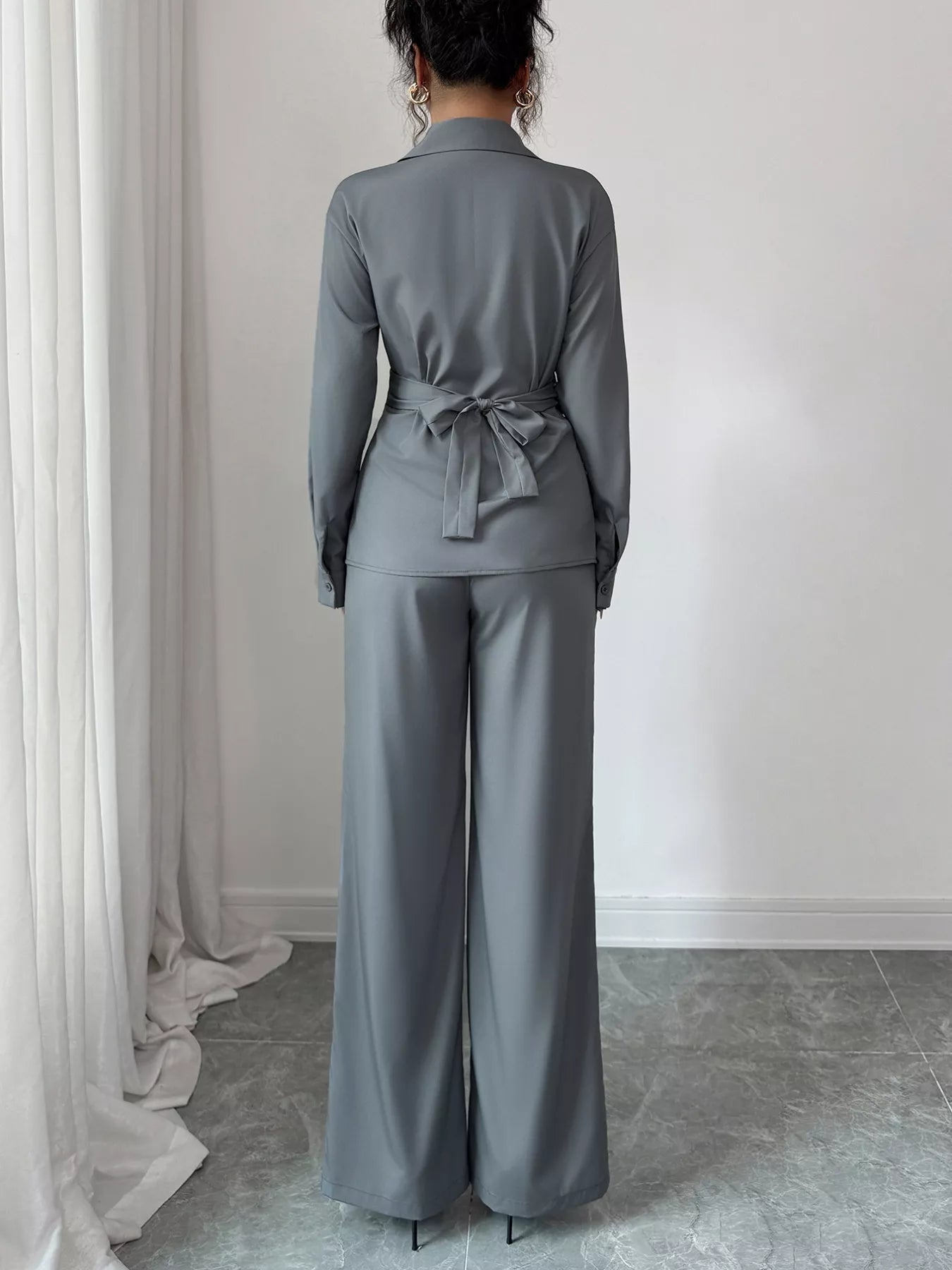 Back Tie Wrap Blazer and Wide Leg Pants Set
