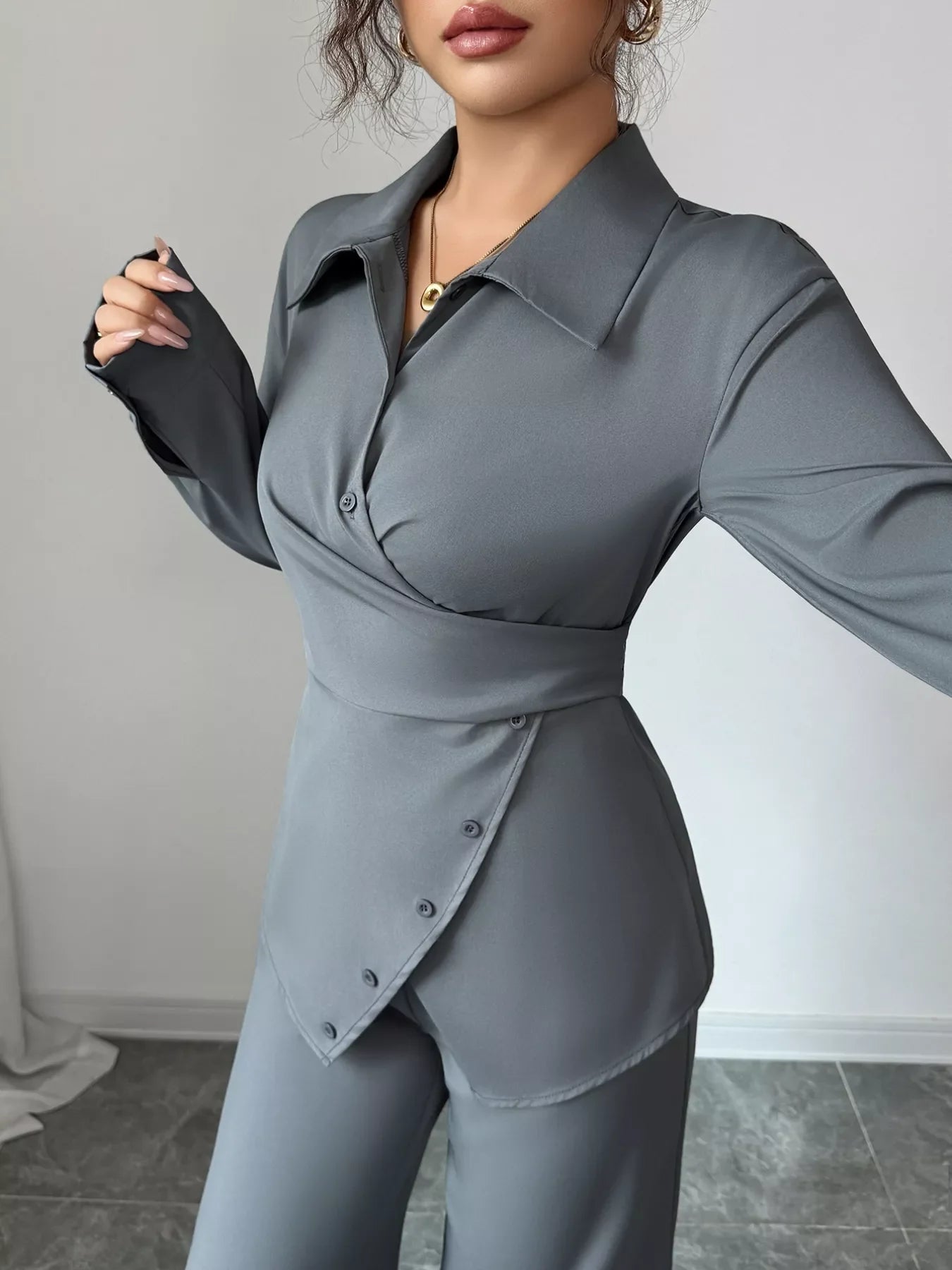 Back Tie Wrap Blazer and Wide Leg Pants Set