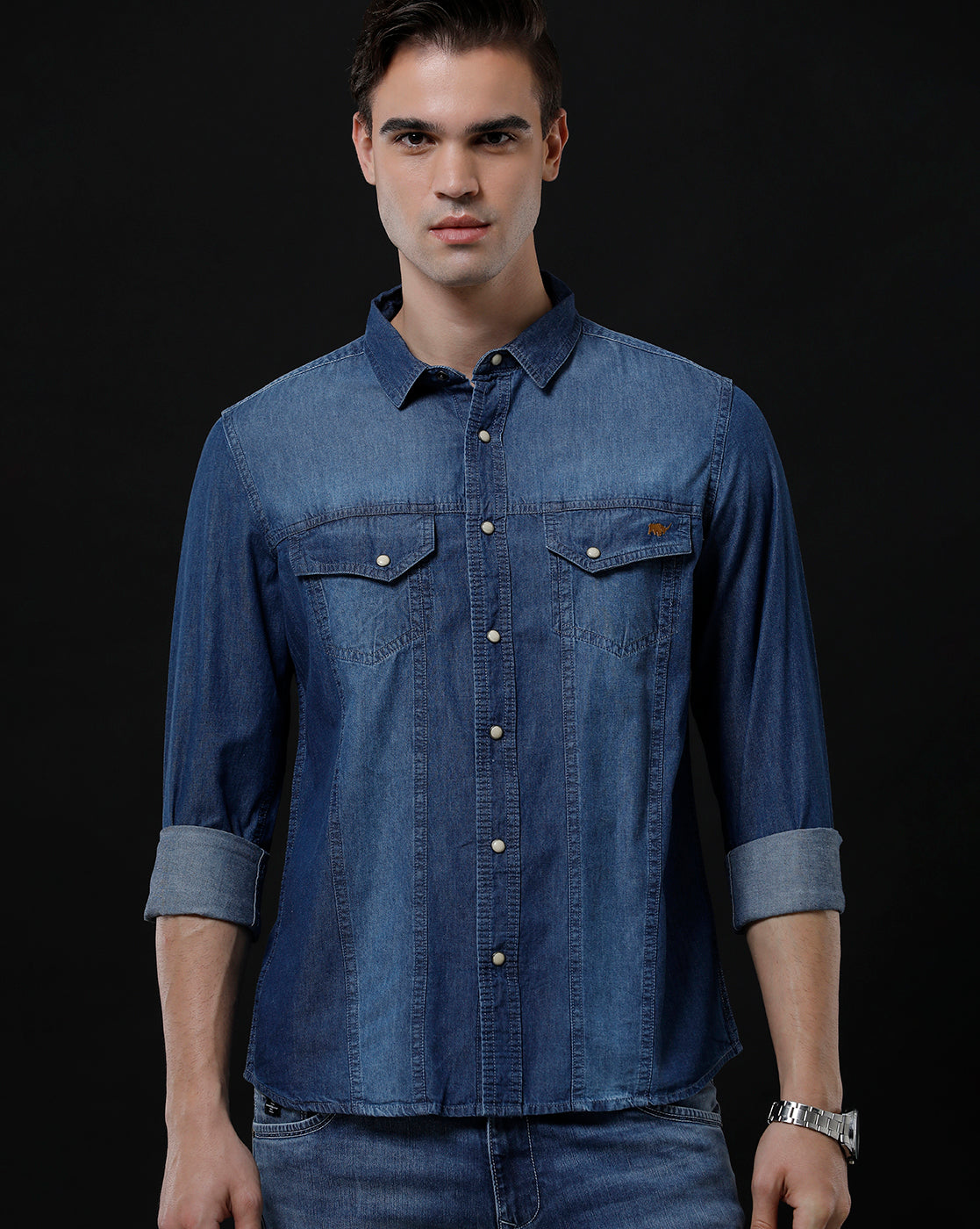 Men's Slim Fit Solid Denim Casual Shirt (ACHAN)