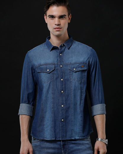 Men's Slim Fit Solid Denim Casual Shirt (ACHAN)