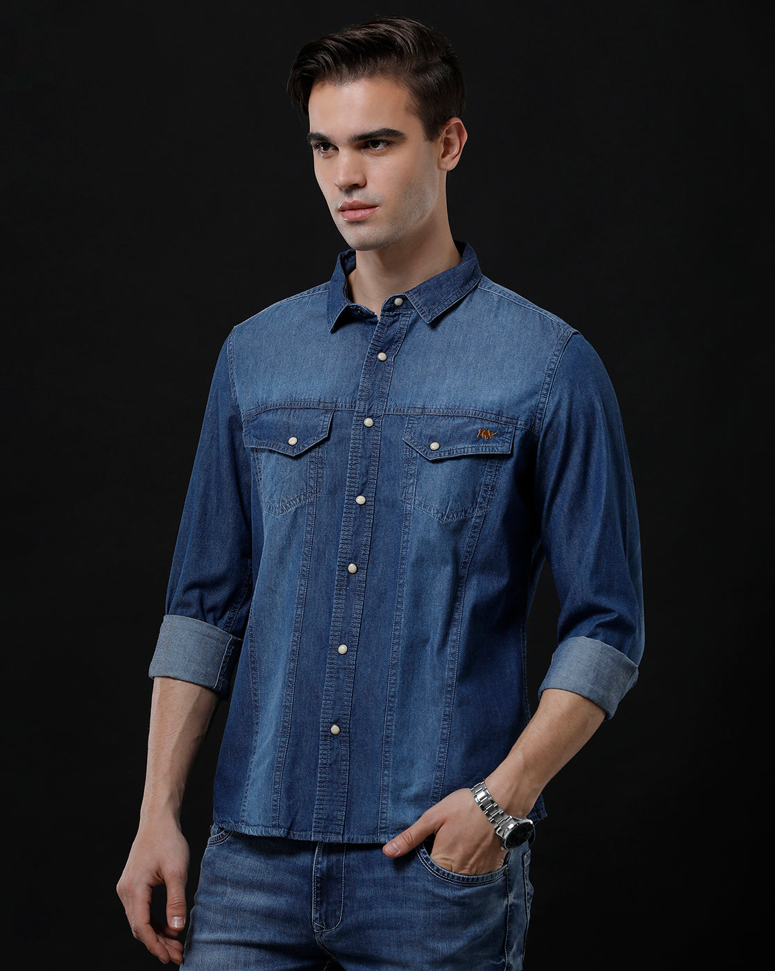 Men's Slim Fit Solid Denim Casual Shirt (ACHAN)