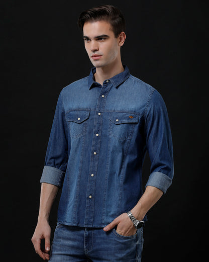 Men's Slim Fit Solid Denim Casual Shirt (ACHAN)