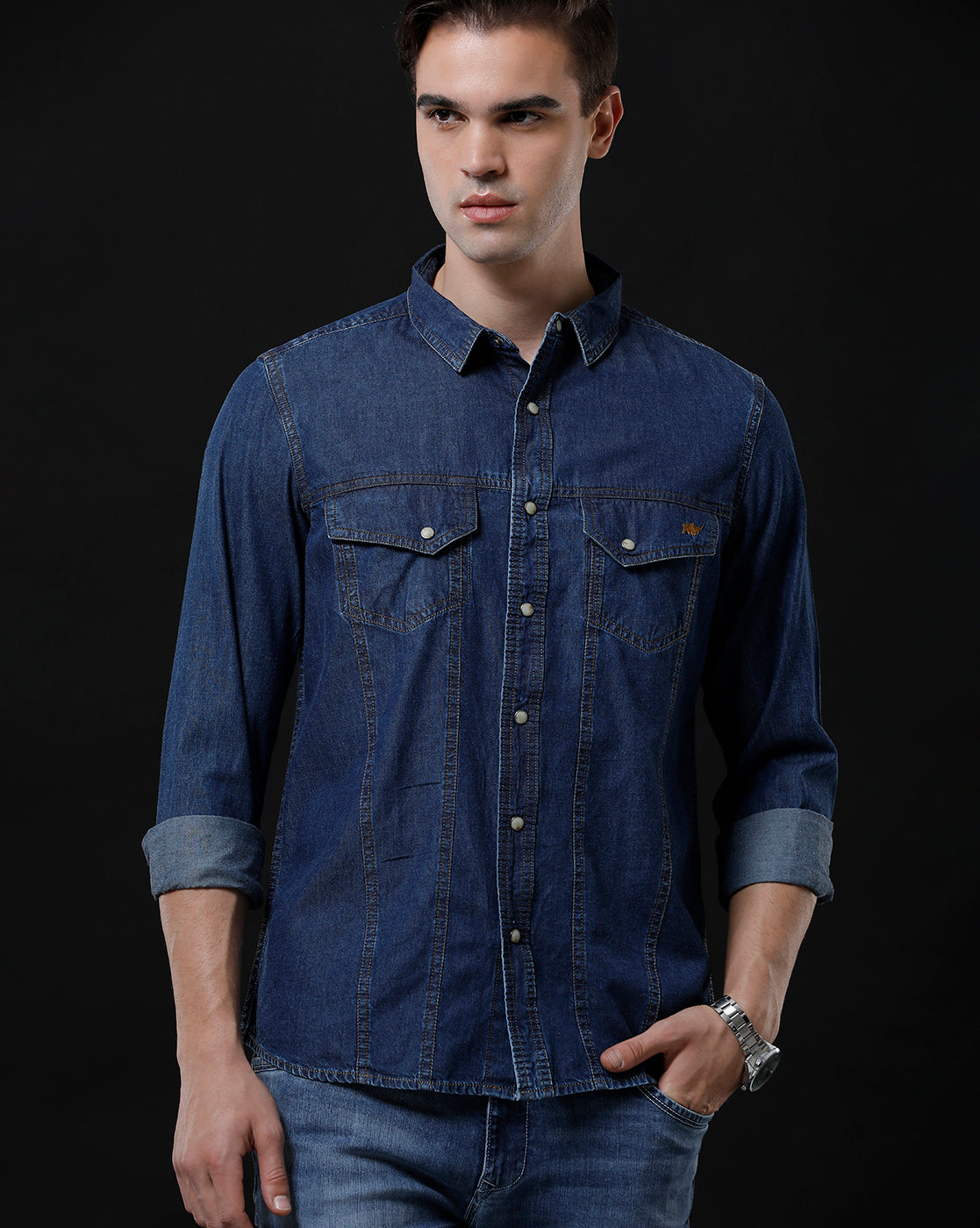 Men's Slim Fit Solid Denim Casual Shirt (AMLET)