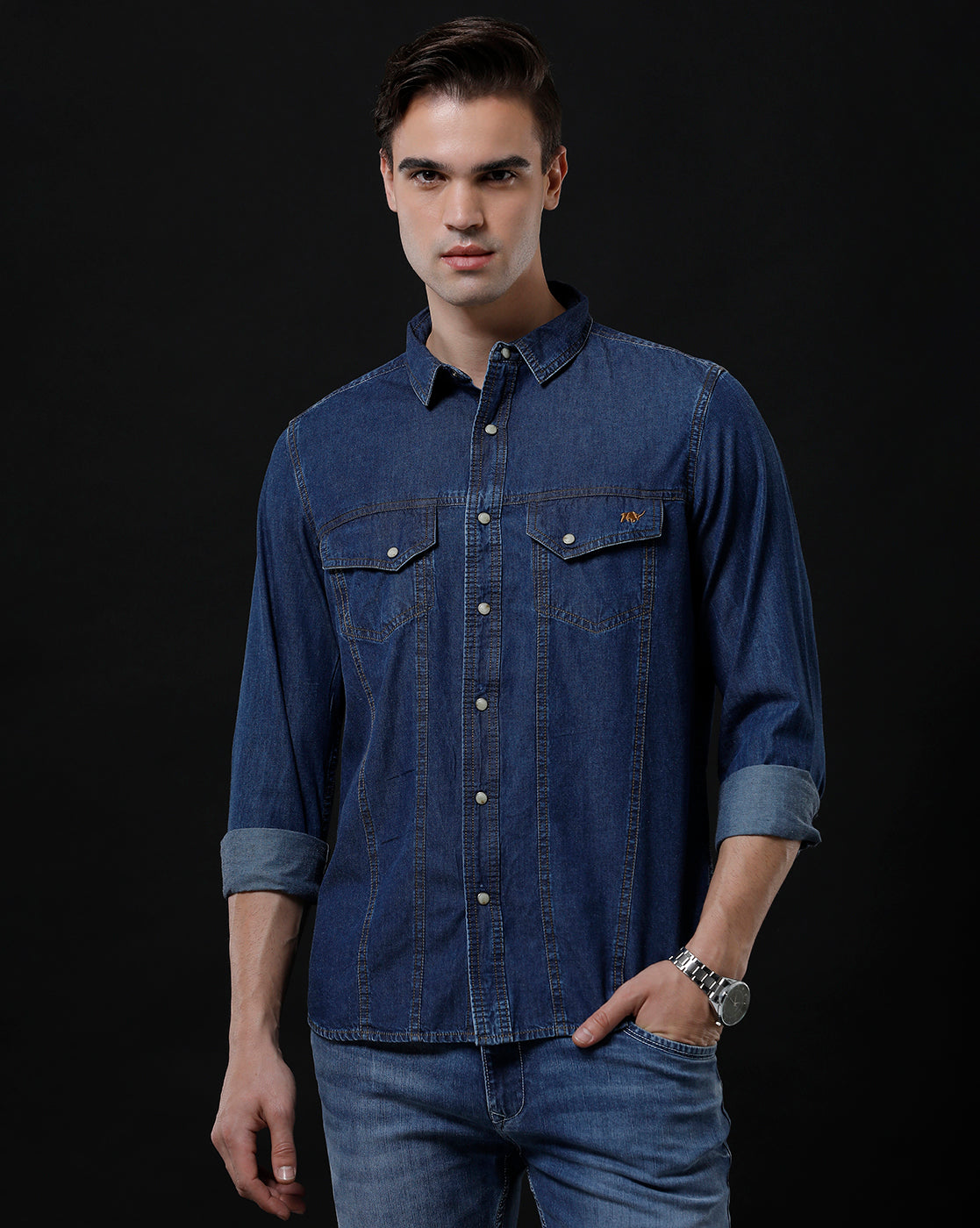 Men's Slim Fit Solid Denim Casual Shirt (AMLET)