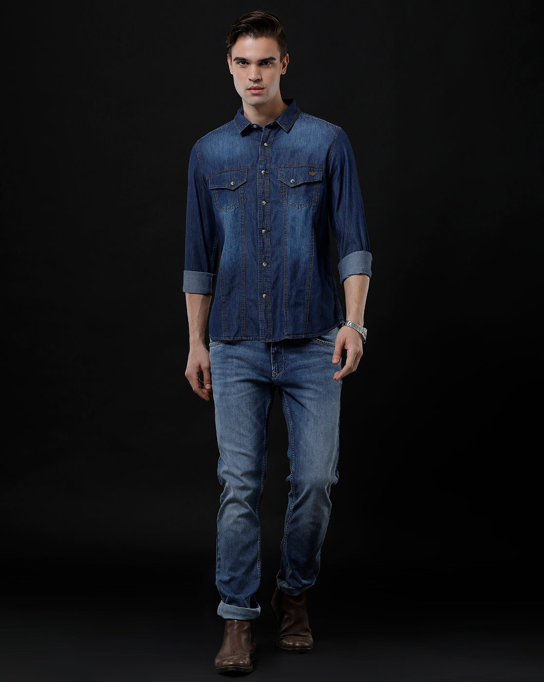 Men's Slim Fit Solid Denim Casual Shirt (AMPHI)