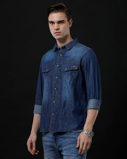 Men's Slim Fit Solid Denim Casual Shirt (AMPHI)