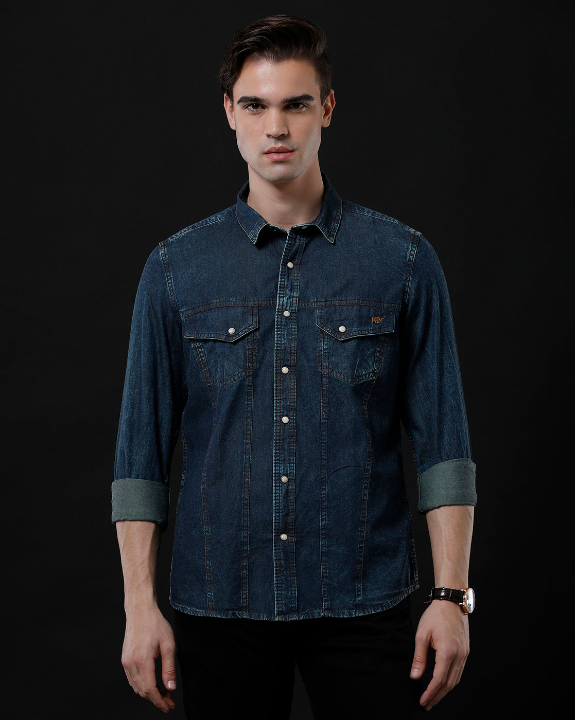 Men's Slim Fit Solid Denim Casual Shirt (AMPLE)