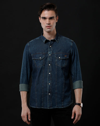 Men's Slim Fit Solid Denim Casual Shirt (AMPLE)