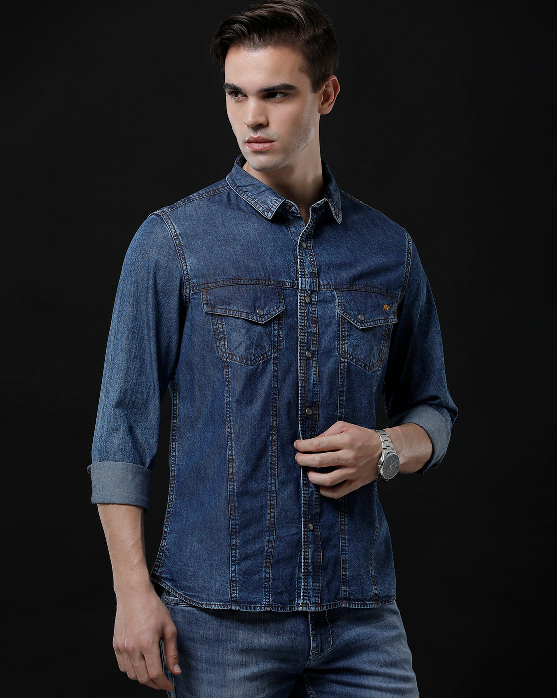 Men's Slim Fit Solid Denim Casual Shirt (AMPTY)