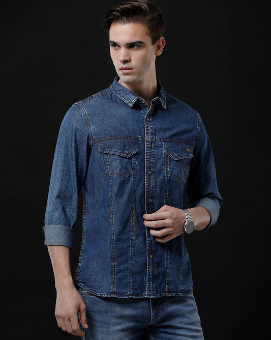 Men's Slim Fit Solid Denim Casual Shirt (AMPTY)