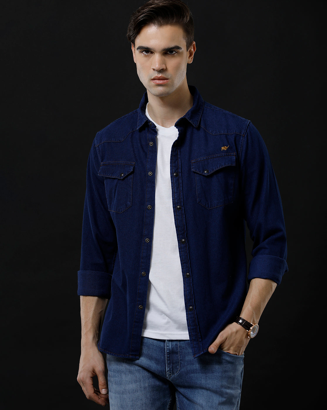 Men's Slim Fit Solid Denim Casual Shirt (ANTIQ)