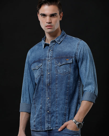 Men's Slim Fit Solid Denim Casual Shirt (APLIT)