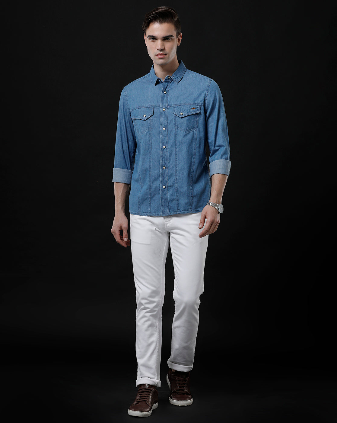 Men's Slim Fit Solid Denim Casual Shirt (APOKE)