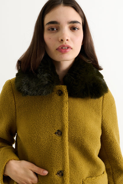 Apple Borg Faux Fur Collar Cropped Jacket – Mustard