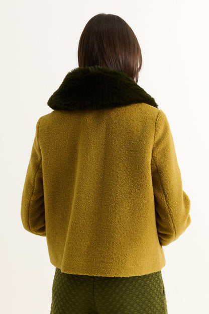 Apple Borg Faux Fur Collar Cropped Jacket – Mustard
