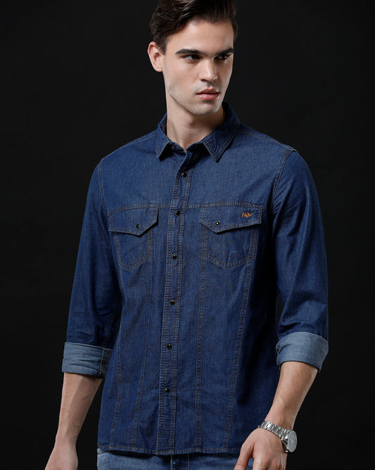 Men's Slim Fit Solid Denim Casual Shirt (APPOL)