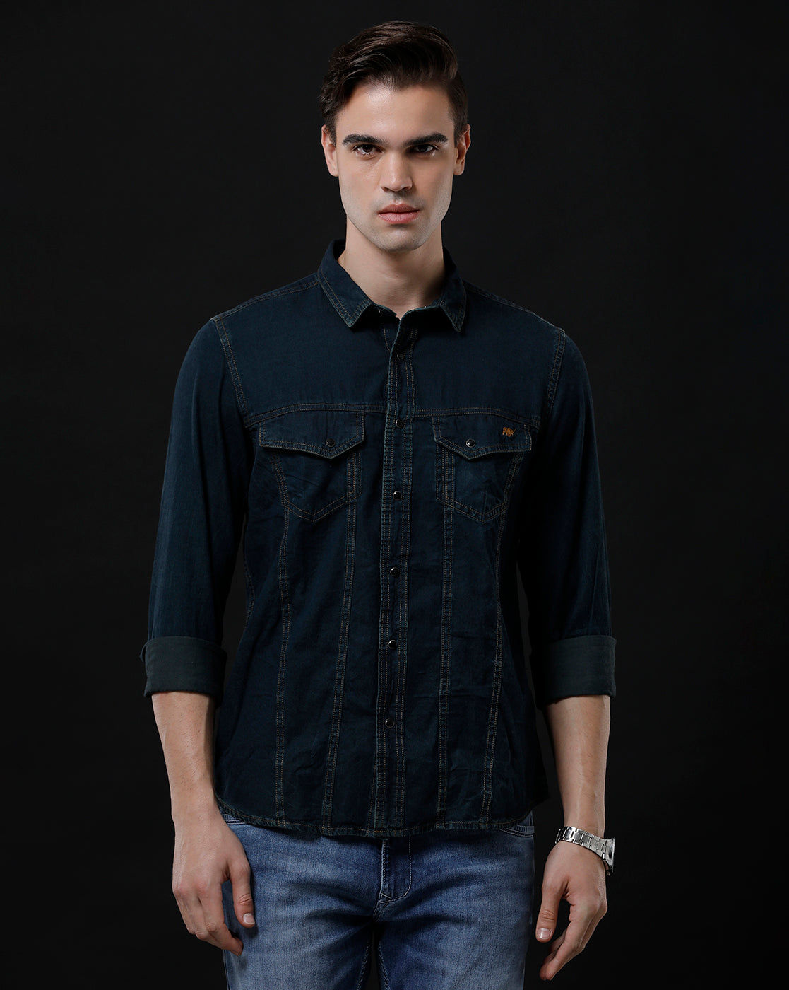 Men's Slim Fit Solid Denim Casual Shirt (APSOM)