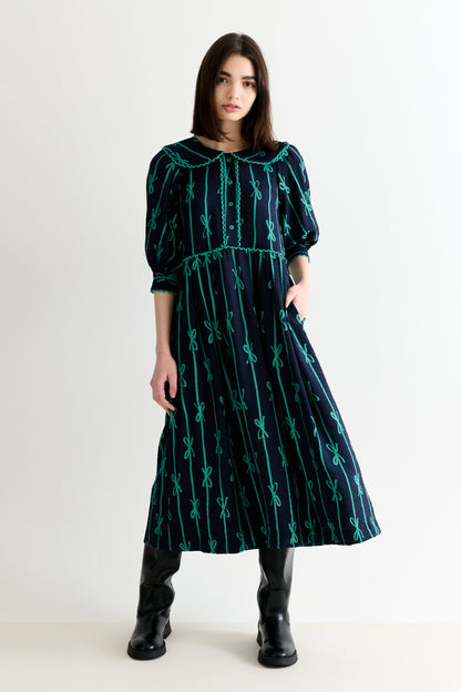 Caris Tie Up Statement Collar 3/4 Sleeve Midi Dress – Navy