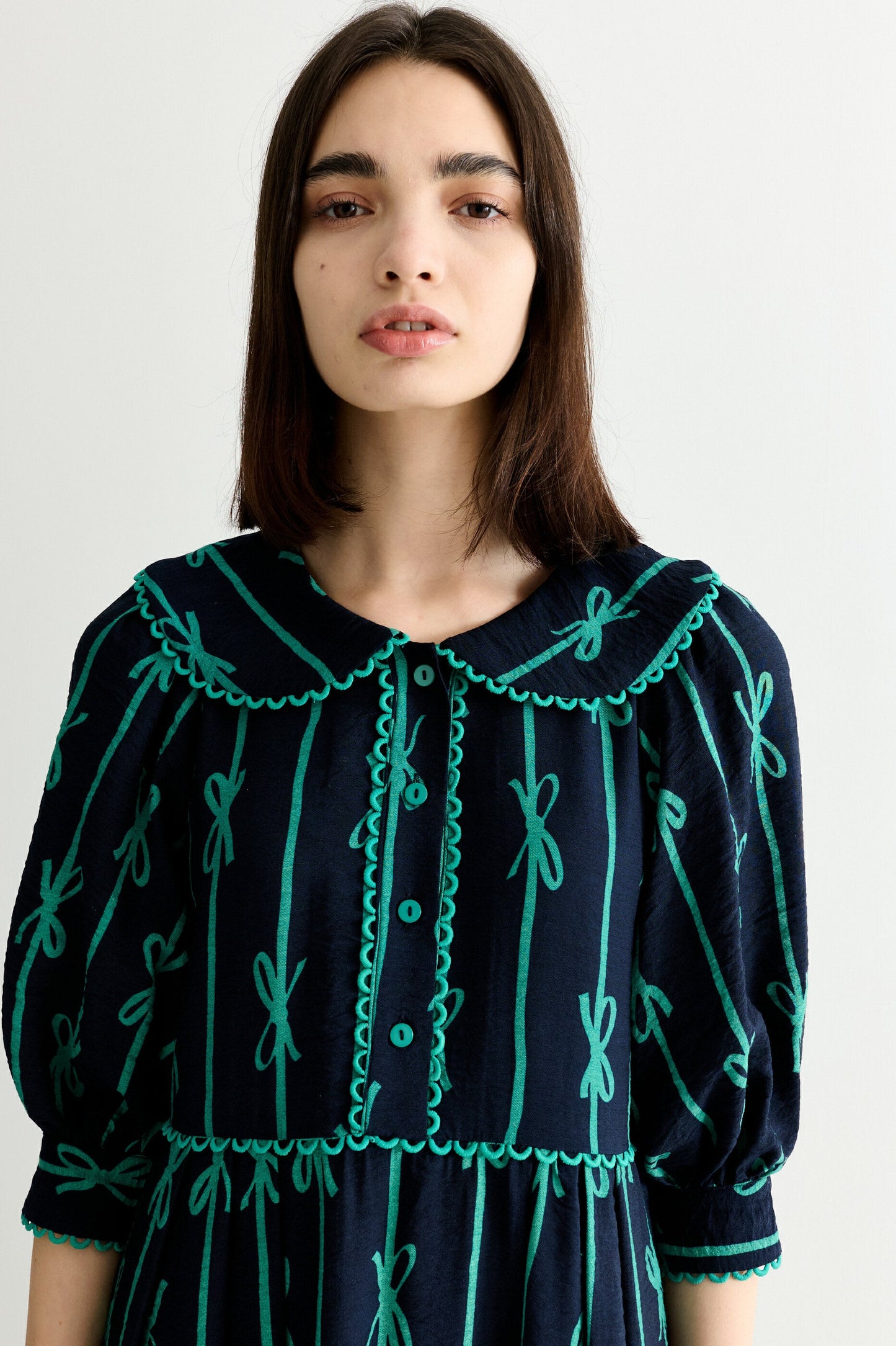 Caris Tie Up Statement Collar 3/4 Sleeve Midi Dress – Navy