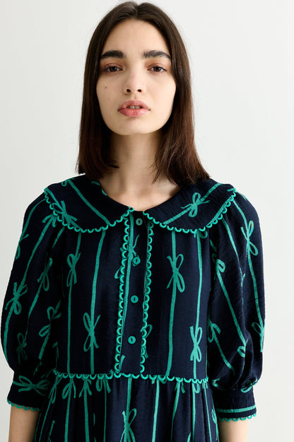 Caris Tie Up Statement Collar 3/4 Sleeve Midi Dress – Navy