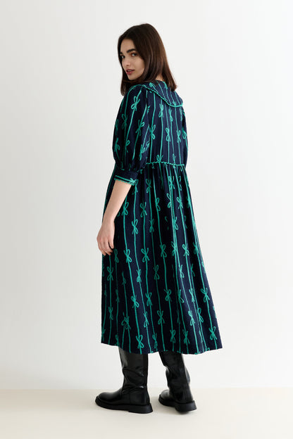 Caris Tie Up Statement Collar 3/4 Sleeve Midi Dress – Navy
