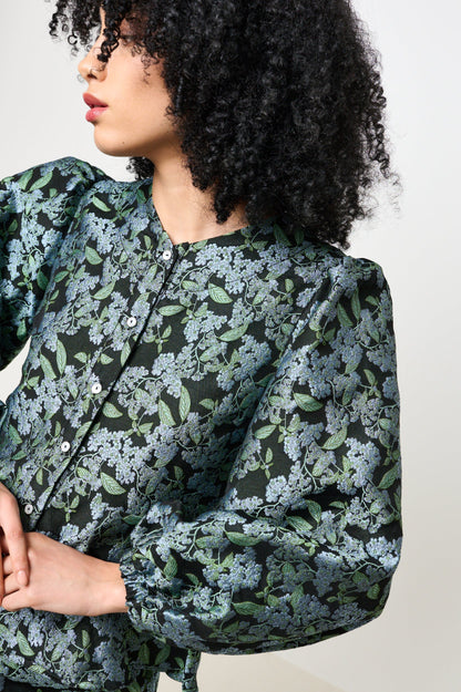 Clementine Blossom Jacquard Peplum Blouse - Black