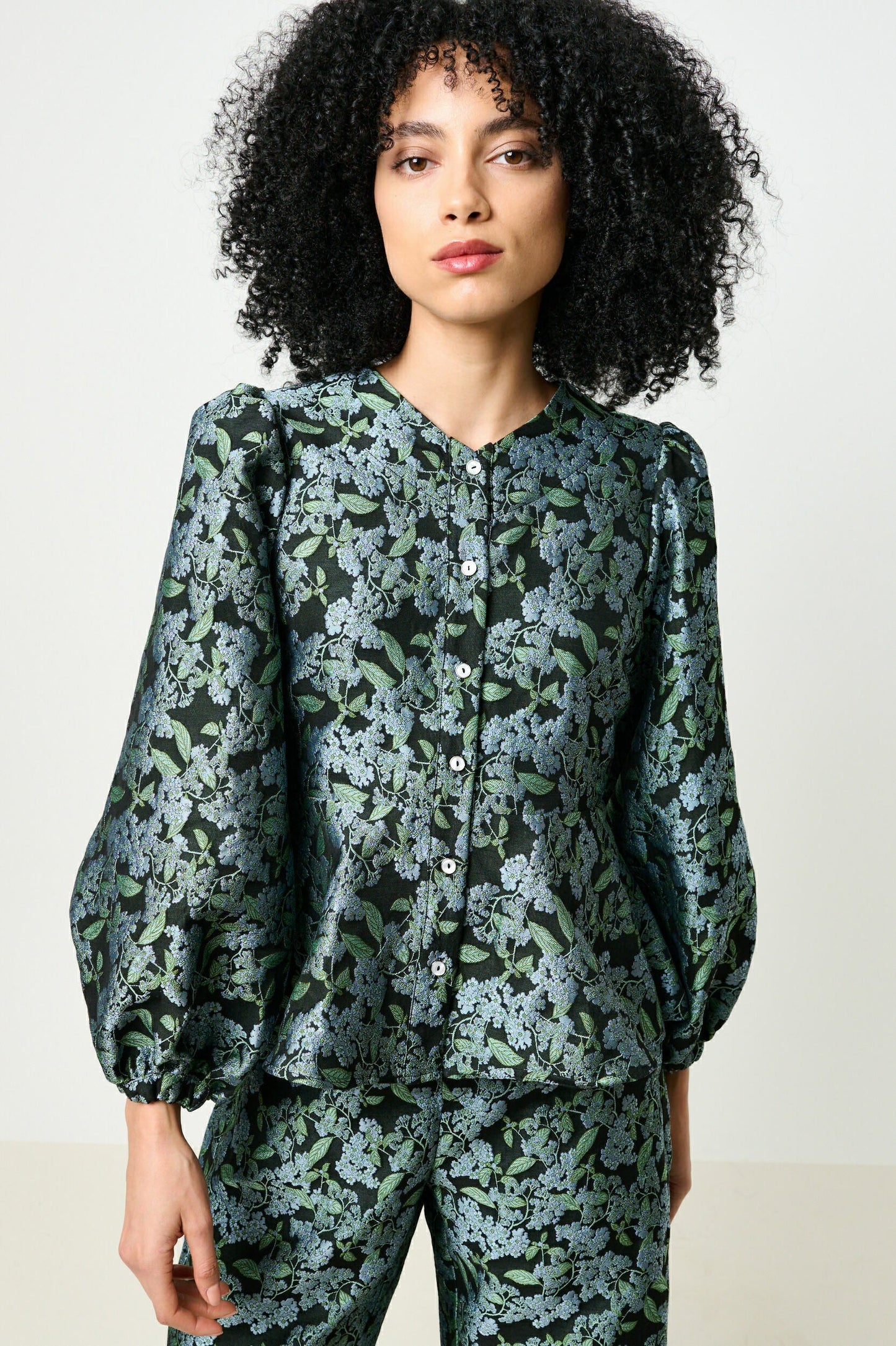 Clementine Blossom Jacquard Peplum Blouse - Black