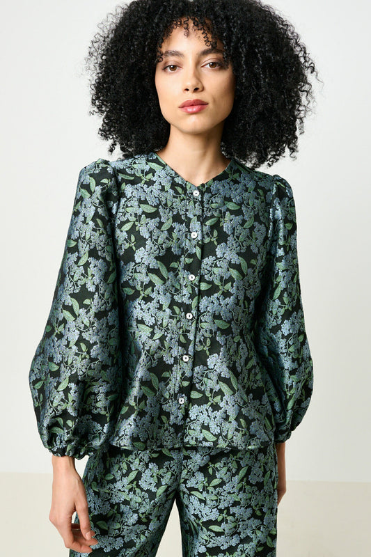 Clementine Blossom Jacquard Peplum Blouse - Black