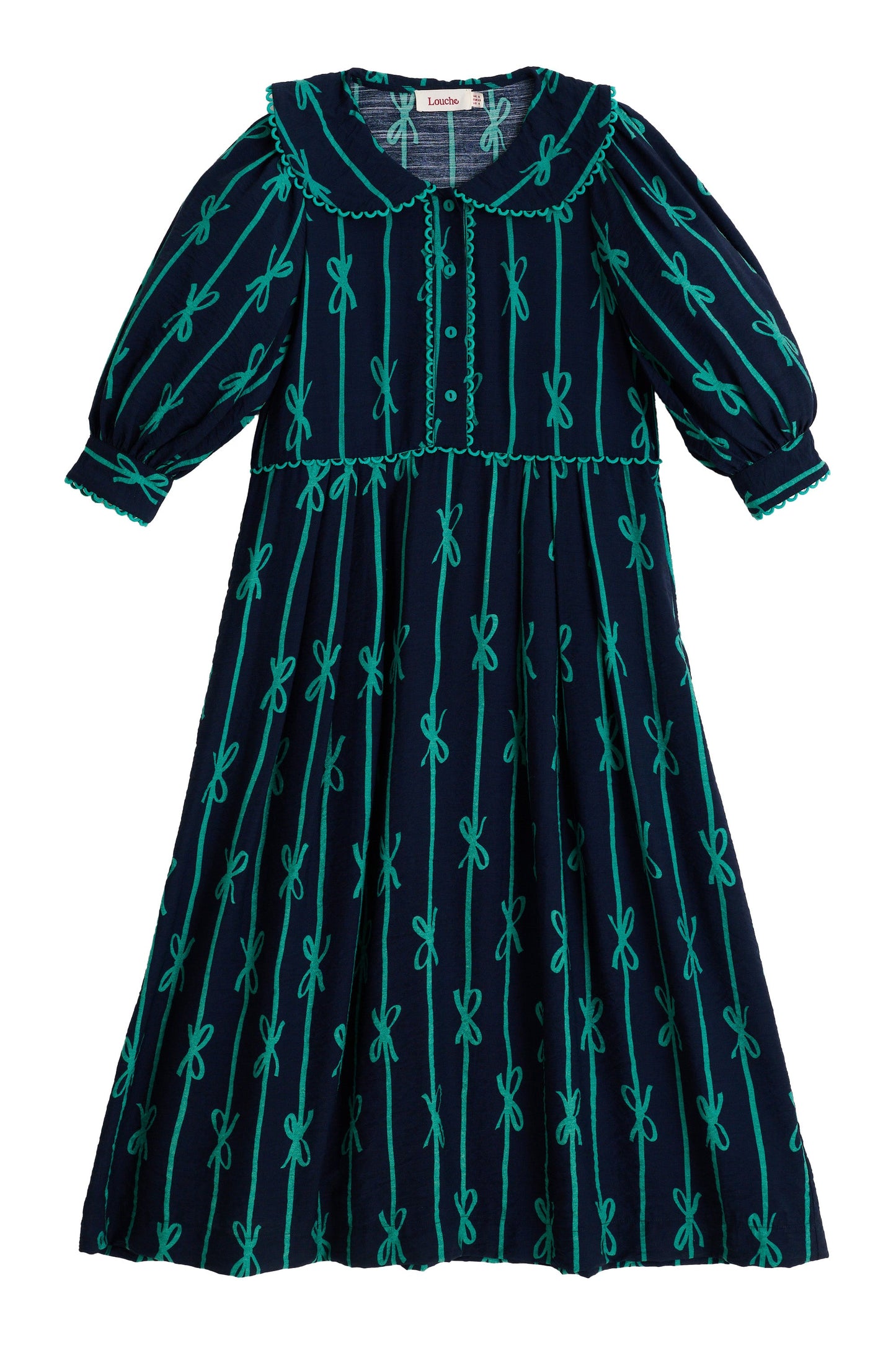 Caris Tie Up Statement Collar 3/4 Sleeve Midi Dress – Navy