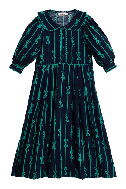 Caris Tie Up Statement Collar 3/4 Sleeve Midi Dress – Navy