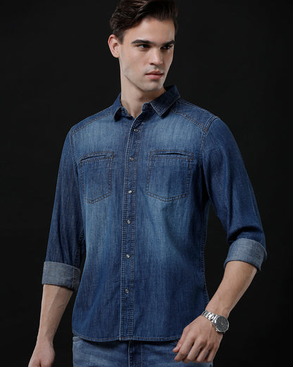 Men's Slim Fit Solid Denim Casual Shirt (DRIVE)