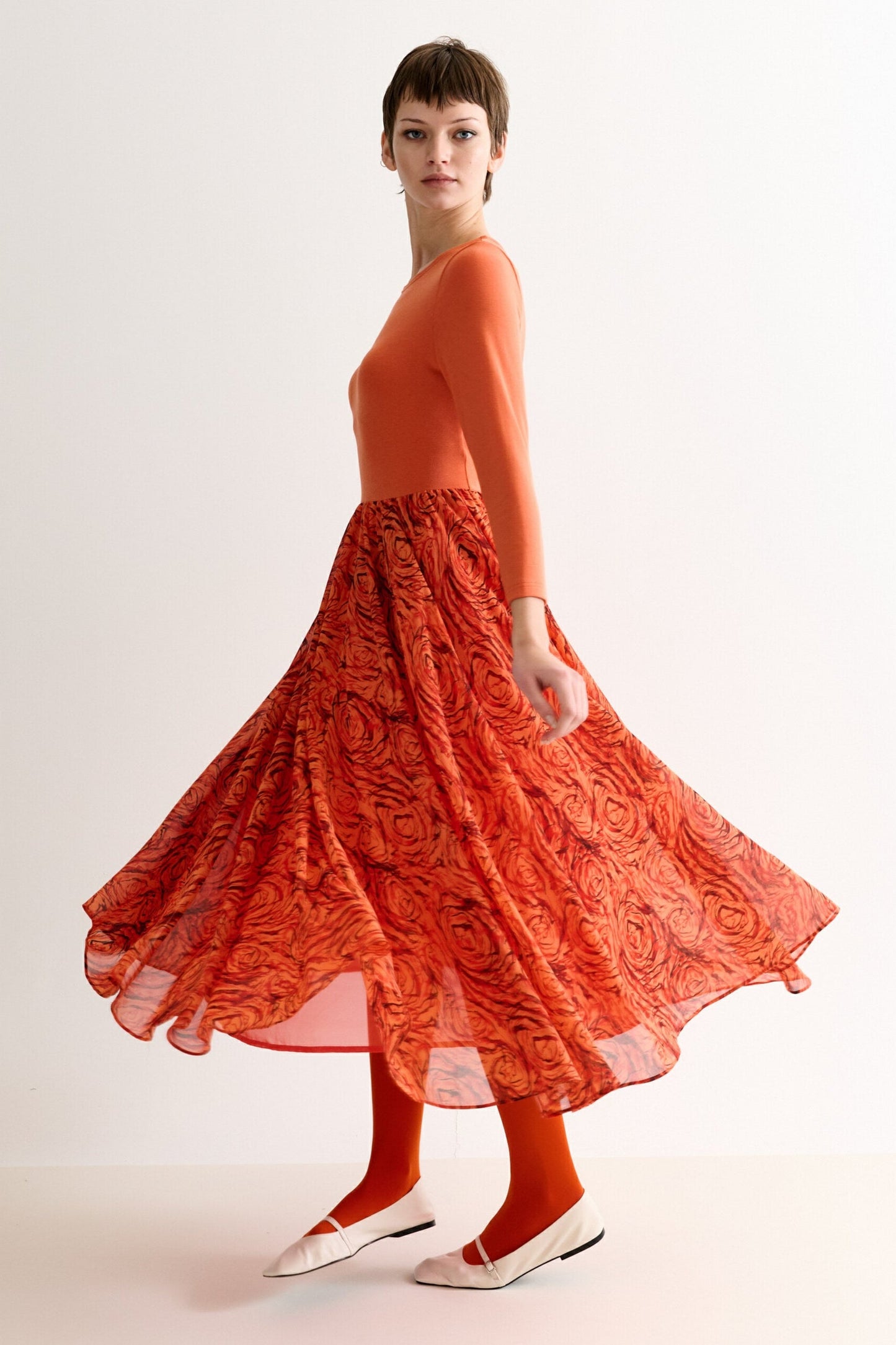 Huxley Rosechild Jersey Top Circle Skirt Midi Dress - Apricot