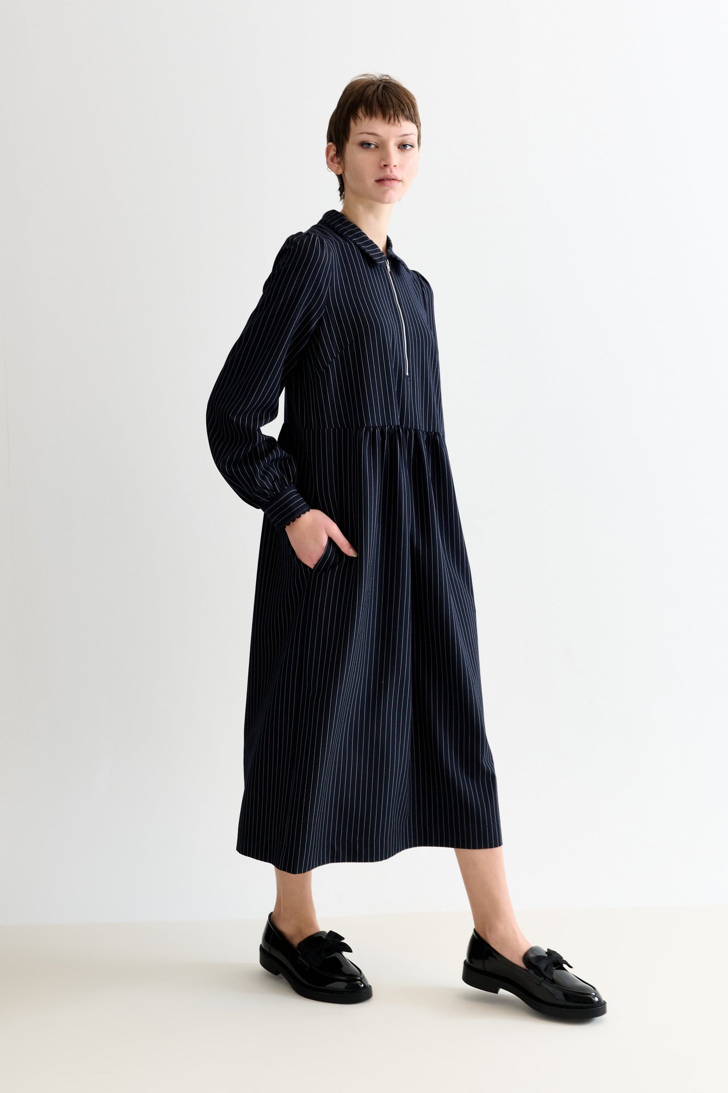 Manton Pinstripe Zip Front Lace Trim Midi Dress - Navy