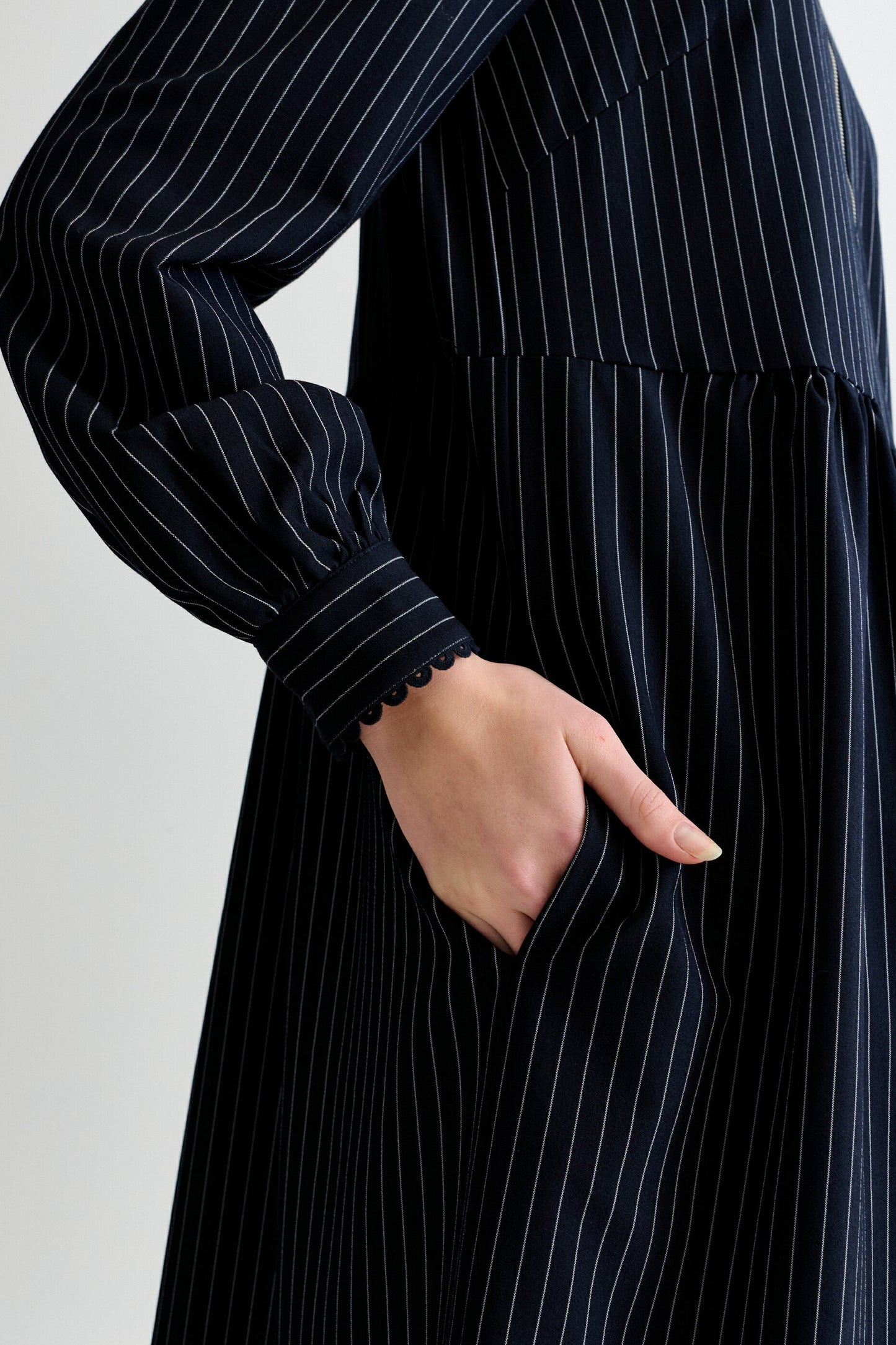 Manton Pinstripe Zip Front Lace Trim Midi Dress - Navy