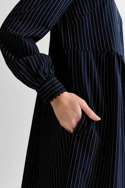 Manton Pinstripe Zip Front Lace Trim Midi Dress - Navy