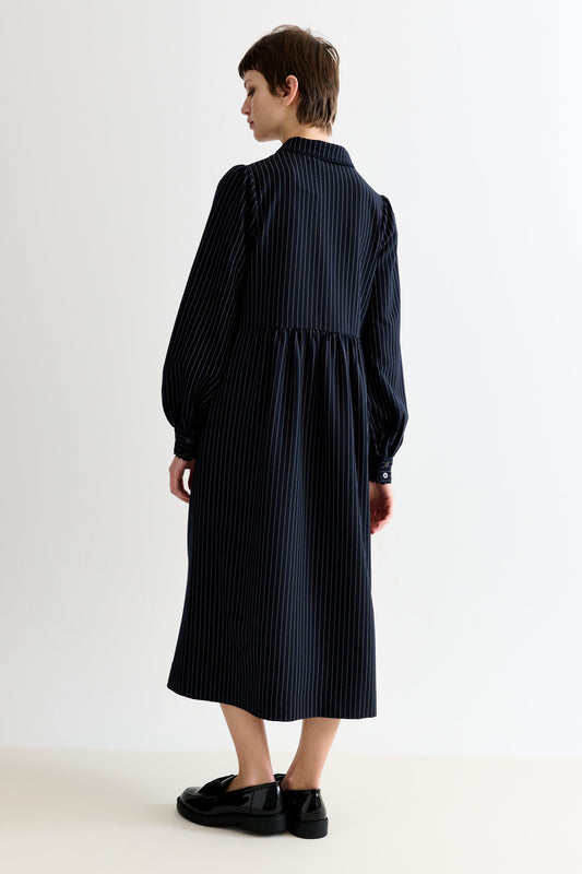 Manton Pinstripe Zip Front Lace Trim Midi Dress - Navy