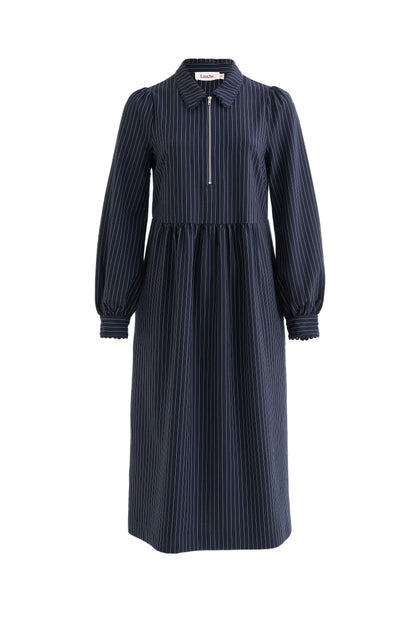 Manton Pinstripe Zip Front Lace Trim Midi Dress - Navy