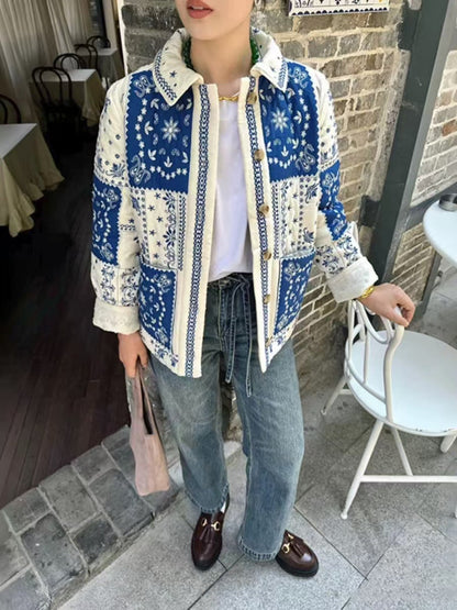 Autumn And Winter Ethnic Style Floral Contrast Color Thin Embroidery Cotton-padded Jacket