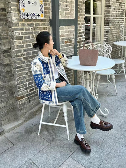 Autumn And Winter Ethnic Style Floral Contrast Color Thin Embroidery Cotton-padded Jacket