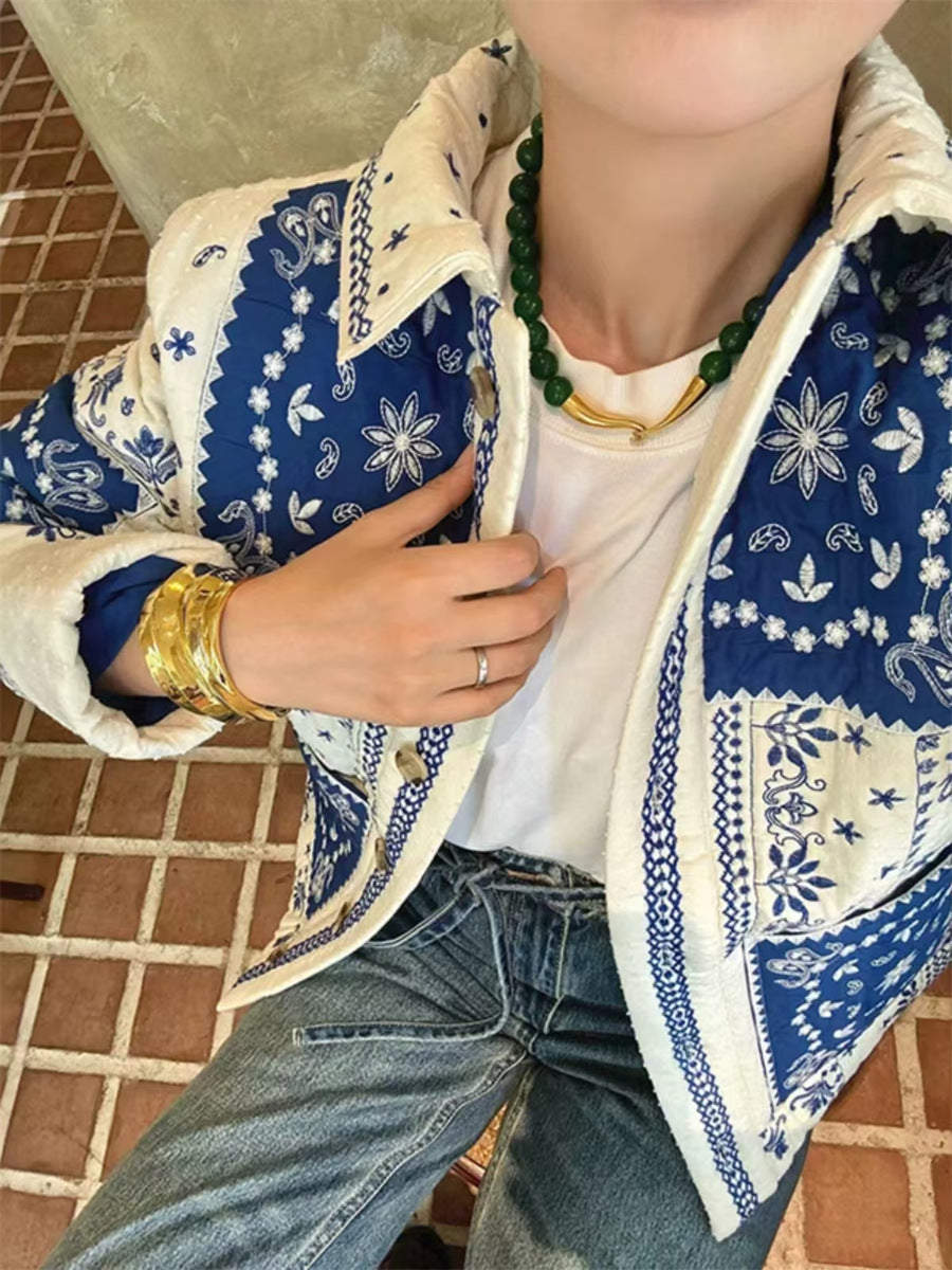 Autumn And Winter Ethnic Style Floral Contrast Color Thin Embroidery Cotton-padded Jacket