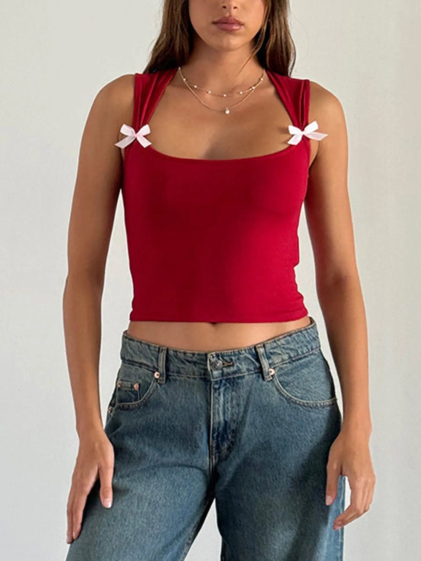 Bow Detail Square Neck Cropped Tank