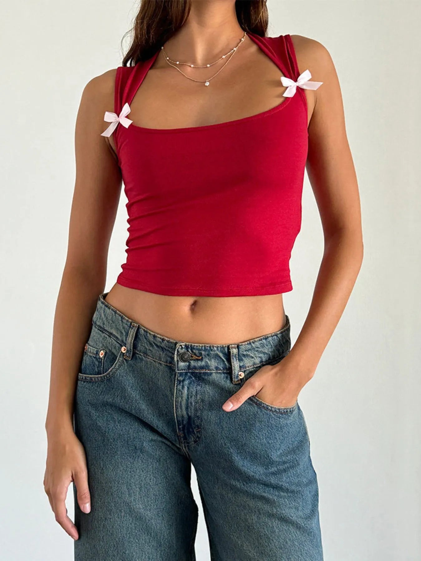 Bow Detail Square Neck Cropped Tank