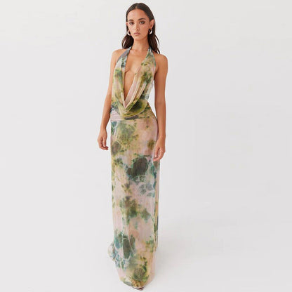 2pcs Tie Dye Printing Deep V-neck Suits Fashion Halter Backless Long Dresses For Beach Party Womens Clothing